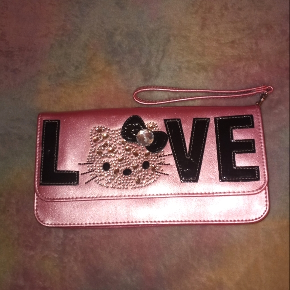 Hello Kitty Loungefly Barbie Pink Metallic Rhinestone Love Wristlet Clutch - Picture 2 of 16